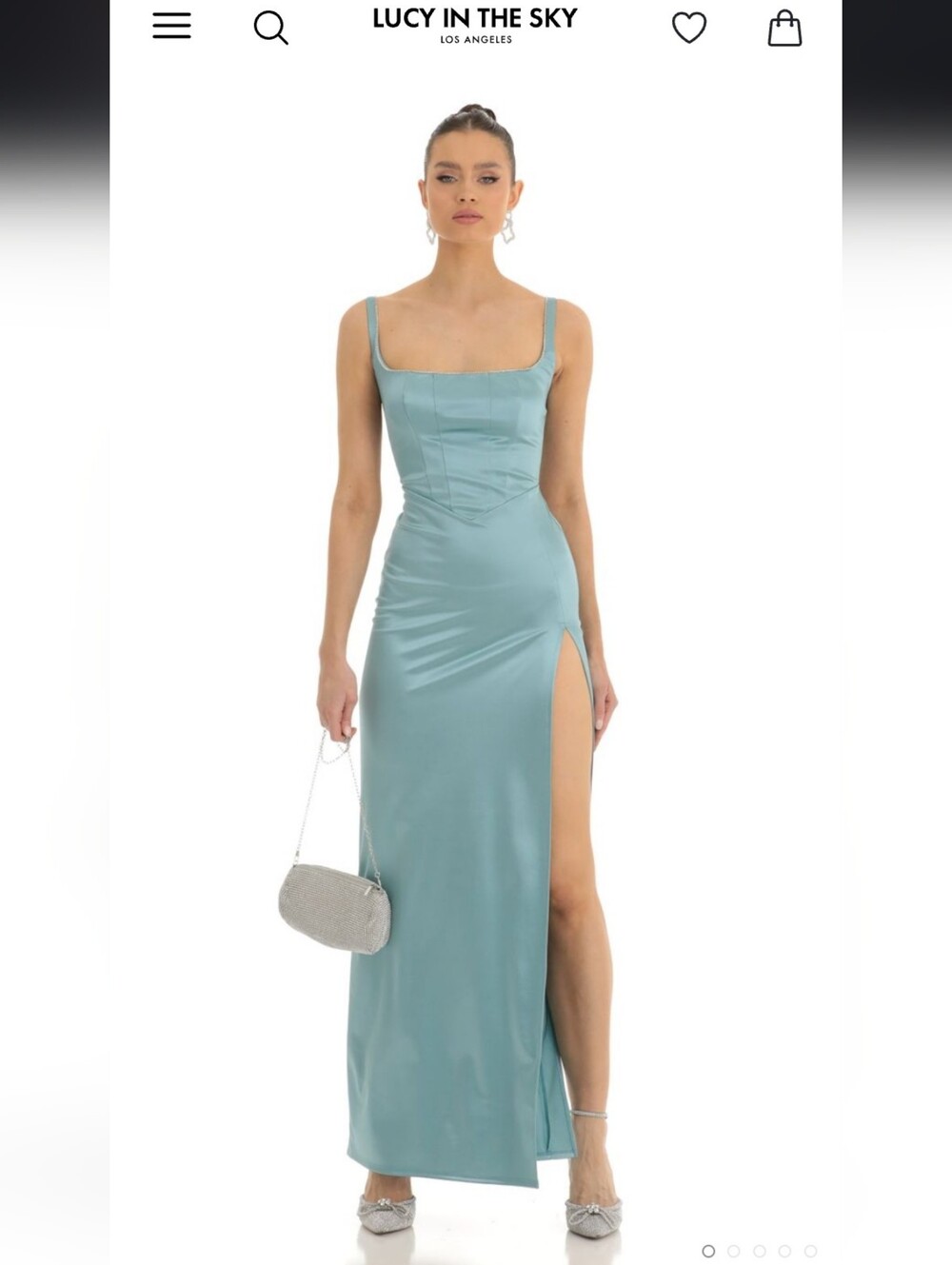 NWT Satin Rhinestone Lined Square-Neck Slit Evening Dress in Light Teal